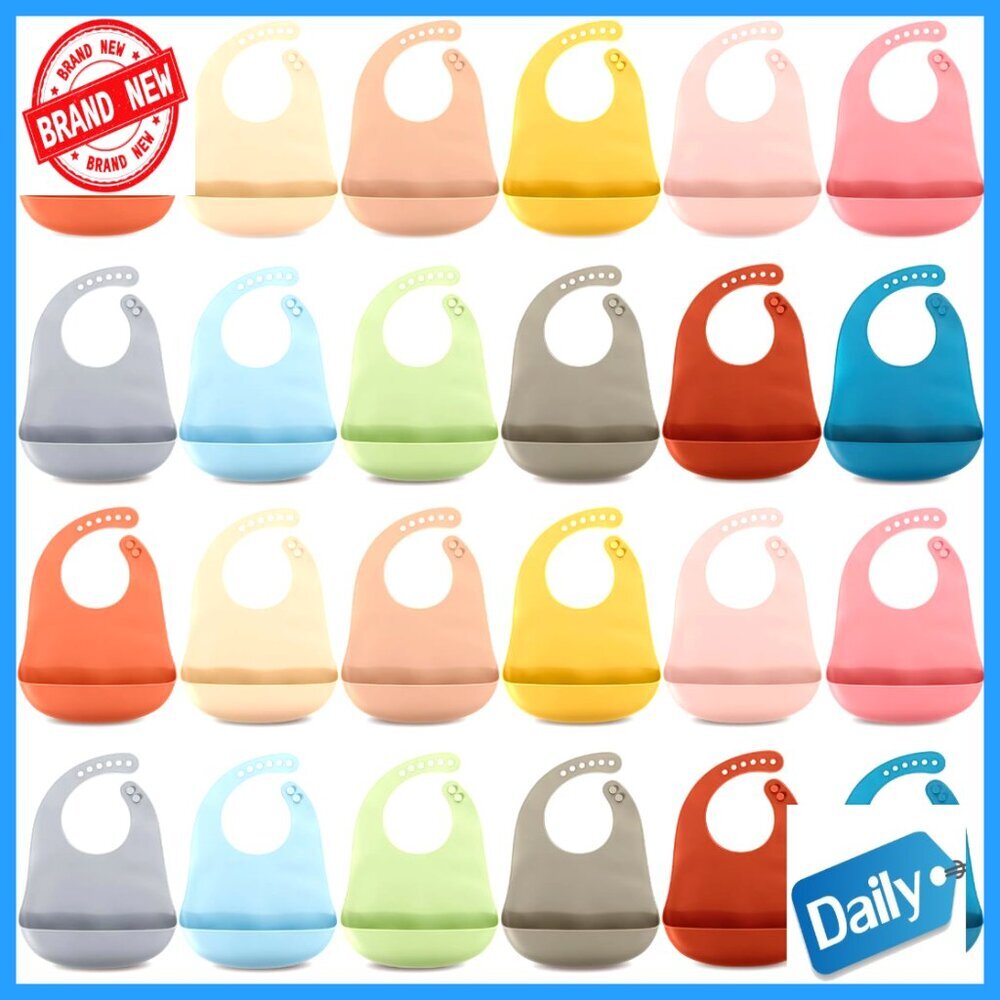24 Pack Silicone Baby Bibs Waterproof Adjustable with Food Catcher